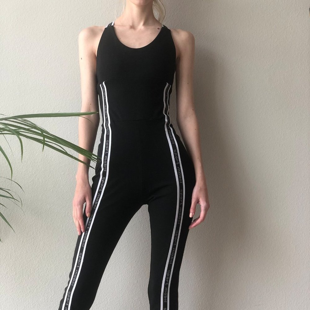 Vintage Y2K sports jump suit wear, leopard black white stripe, small